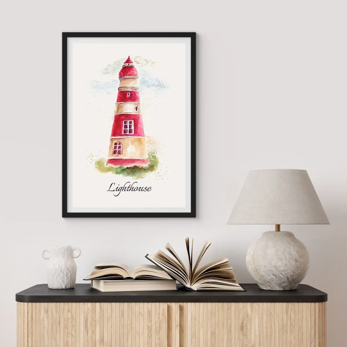 Pôster com moldura preta - Ilustração em aquarela de um farol sobre fundo claro - 50x70cm - Sempre há clima - Decoração de parede moderna para a sala de estar e quarto ARTTOR
