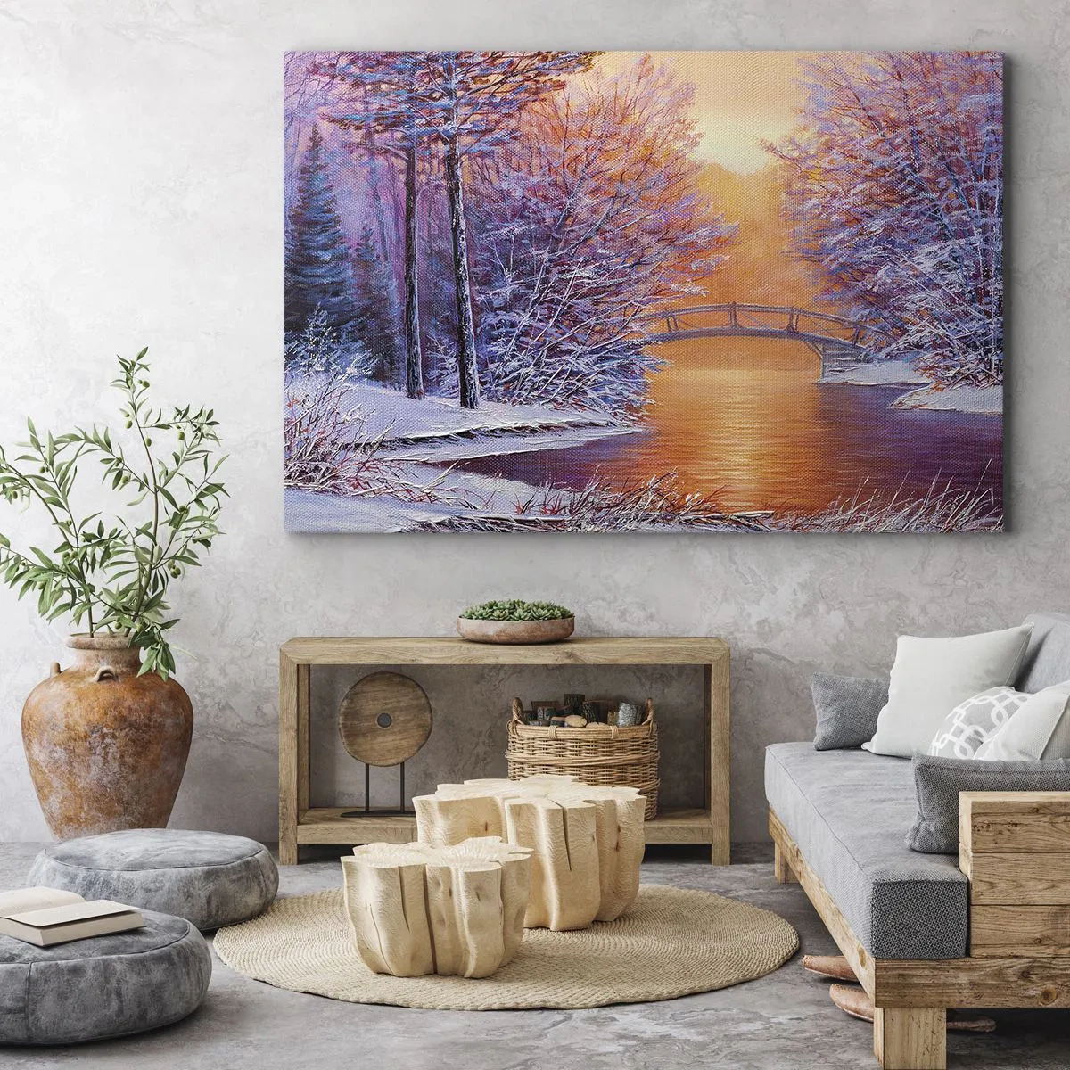 Quadro em tela - Paisagem de inverno com uma ponte e pôr do sol - 70x50cm - Vamos nos encontrar aqui - Decoração de parede moderna para a sala de estar e quarto ARTTOR