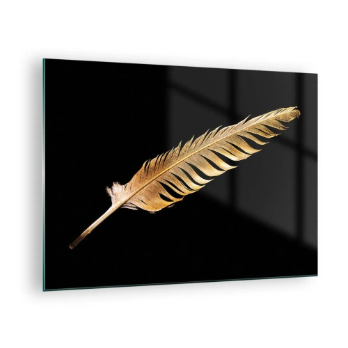 Quadro em vidro - Uma pena dourada sobre um fundo preto em um estilo minimalista - 70x50cm - É uma pena - Decoração de parede moderna para a sala de estar e quarto ARTTOR