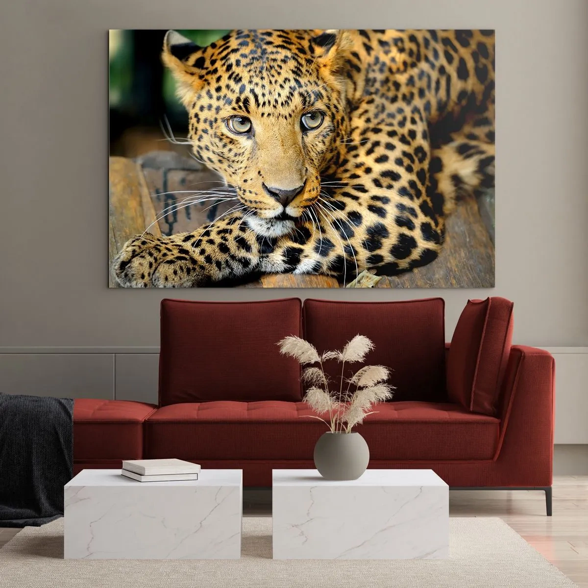 Quadro em vidro - Leopardo descansando sobre uma superfície de madeira - 70x50cm - Não tenha medo, venha - Decoração de parede moderna para a sala de estar e quarto ARTTOR