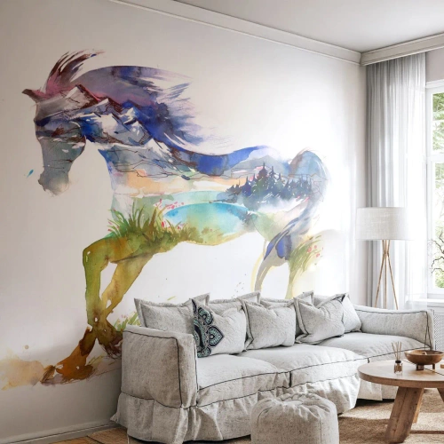 Papel de Parede Autocolante Deluxe Sticker - Do prado direto para o céu - Cavalo, Abstração, Paisagem - 450x315 cm