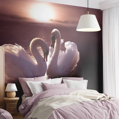 Papel de Parede Standard Eco - Dois cisnes ao pôr do sol refletidos na água - 100x70cm - Até que a morte nos separe - Decoração de parede moderna para a sala de estar e quarto ARTTOR