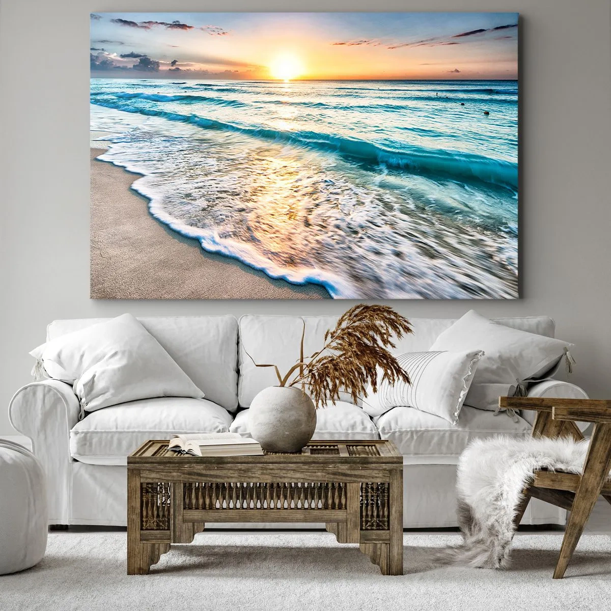 Quadro em tela - Nascer do sol sobre uma praia tranquila com ondas - 70x50cm - Uma visão que vale a pena - Decoração de parede moderna para a sala de estar e quarto ARTTOR