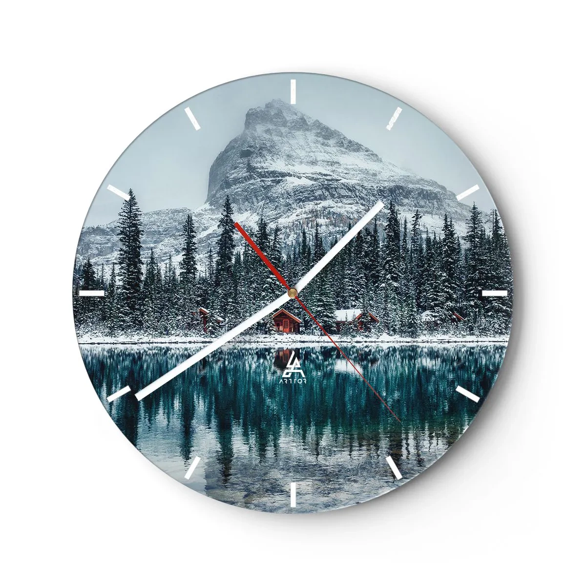 Relógio de parede - Relógio em vidro - Paisagem de inverno com um lago, floresta e montanha ao fundo - 30x30cm - Retiro canadense - Decoração de parede moderna para a sala de estar, cozinha e quarto ARTTOR