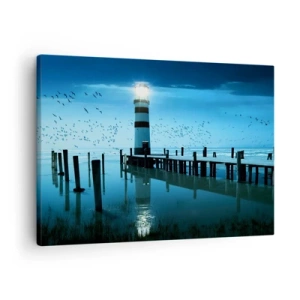 Quadro em tela - O farol no cais iluminado à noite - 70x50cm - E não se teme o escuro - Decoração de parede moderna para a sala de estar e quarto ARTTOR