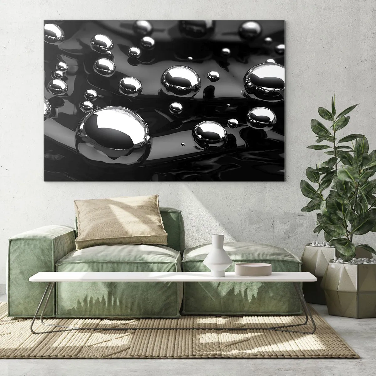 Quadro em vidro - Gotas metálicas sobre uma superfície preta - 70x50cm - Das profundezas negras - Decoração de parede moderna para a sala de estar e quarto ARTTOR