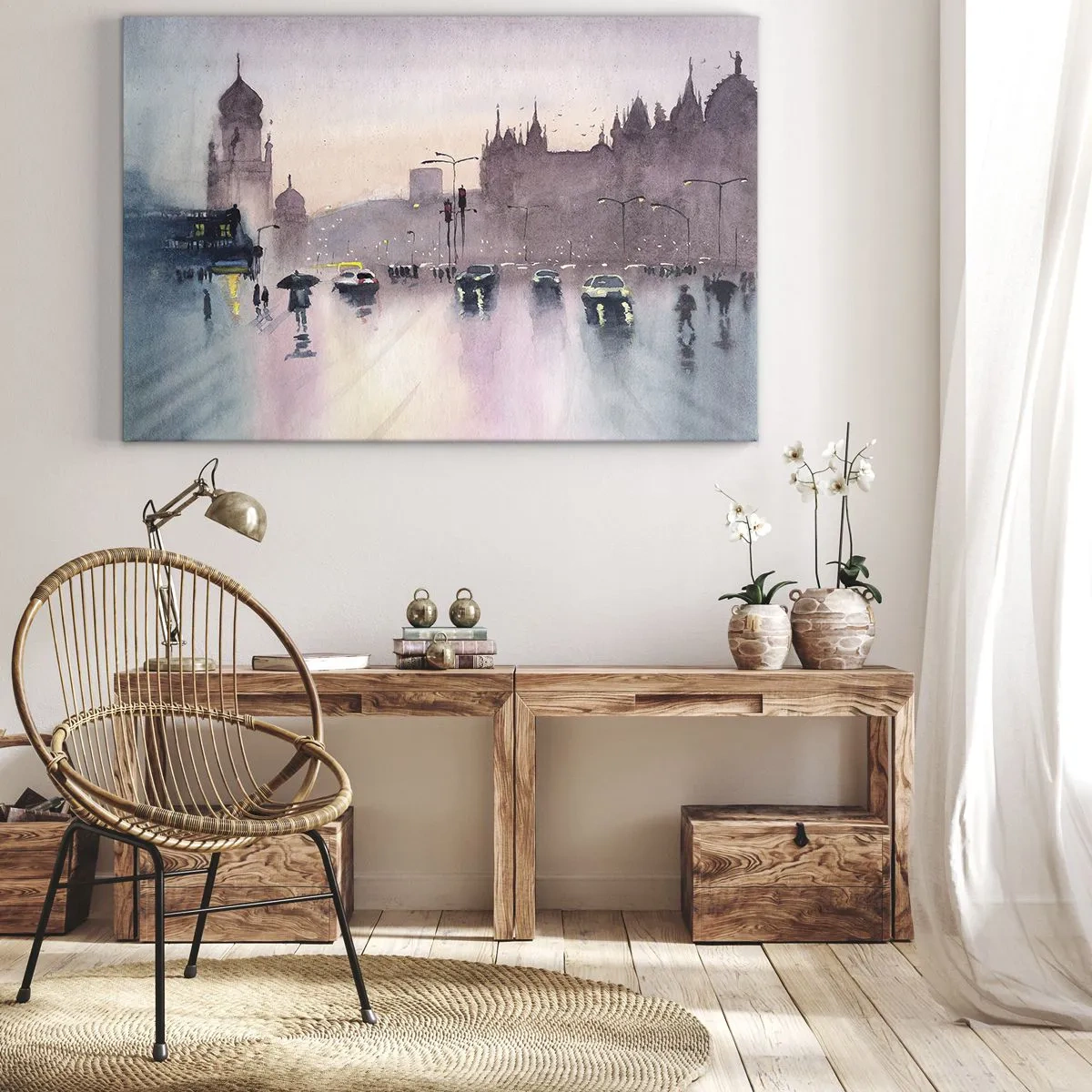 Quadro em tela - Uma rua da cidade ao entardecer em estilo aquarela - 70x50cm - Na névoa chuvosa - Decoração de parede moderna para a sala de estar e quarto ARTTOR
