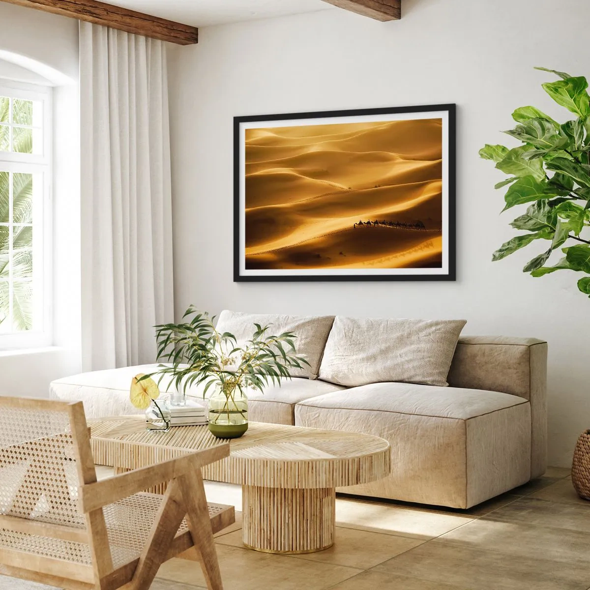 Pôster com moldura preta - Caravana nas ondas do deserto - 91x61 cm