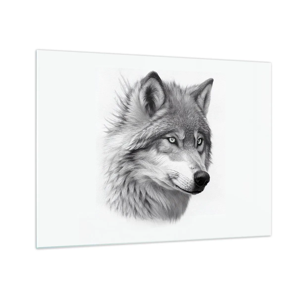 Quadro em vidro - Retrato em preto e branco de um lobo com um olhar penetrante - 70x50cm - Alfa – sem dúvida - Decoração de parede moderna para a sala de estar e quarto ARTTOR