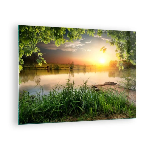Quadro em vidro - Paisagem com um lago cercado por vegetação ao pôr do sol - 70x50cm - Paisagem em uma moldura verde - Decoração de parede moderna para a sala de estar e quarto ARTTOR