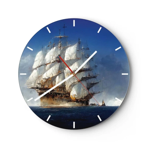 Relógio de parede - Relógio em vidro - Um veleiro com suas velas abertas, navegando pelo mar contra o vento. - 30x30cm - A grande glória! - Decoração de parede moderna para a sala de estar, cozinha e quarto ARTTOR