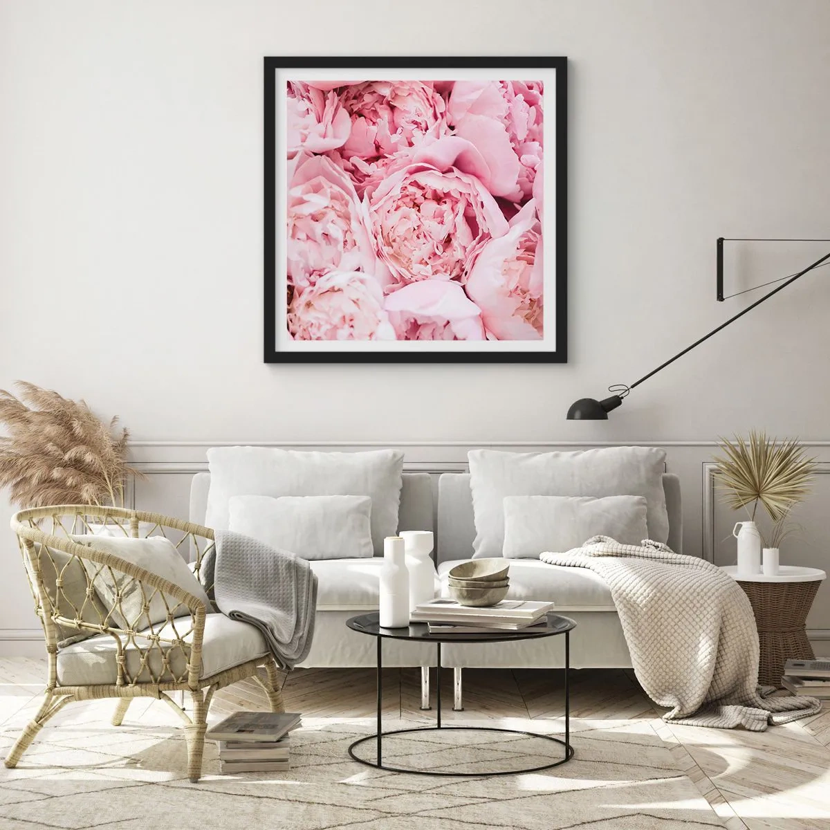 Pôster com moldura preta - Aconchego e perfume - 50x50 cm