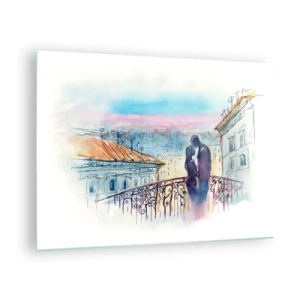 Quadro em vidro - Casal na varanda apreciando o pôr do sol romântico - 70x50cm - Amantes parisienses - Decoração de parede moderna para a sala de estar e quarto ARTTOR