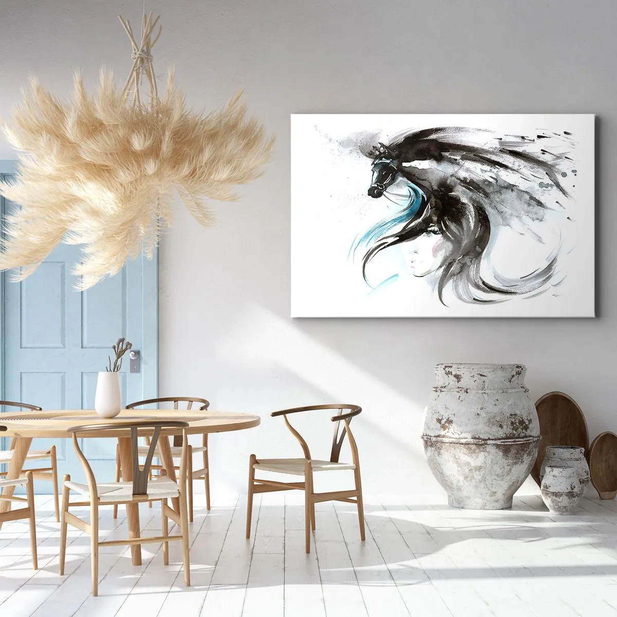 Quadro em tela - Uma mulher e um cavalo em uma aquarela mística cheia de dinâmica - 70x50cm - O galope do Príncipe Negro - Decoração de parede moderna para a sala de estar e quarto ARTTOR