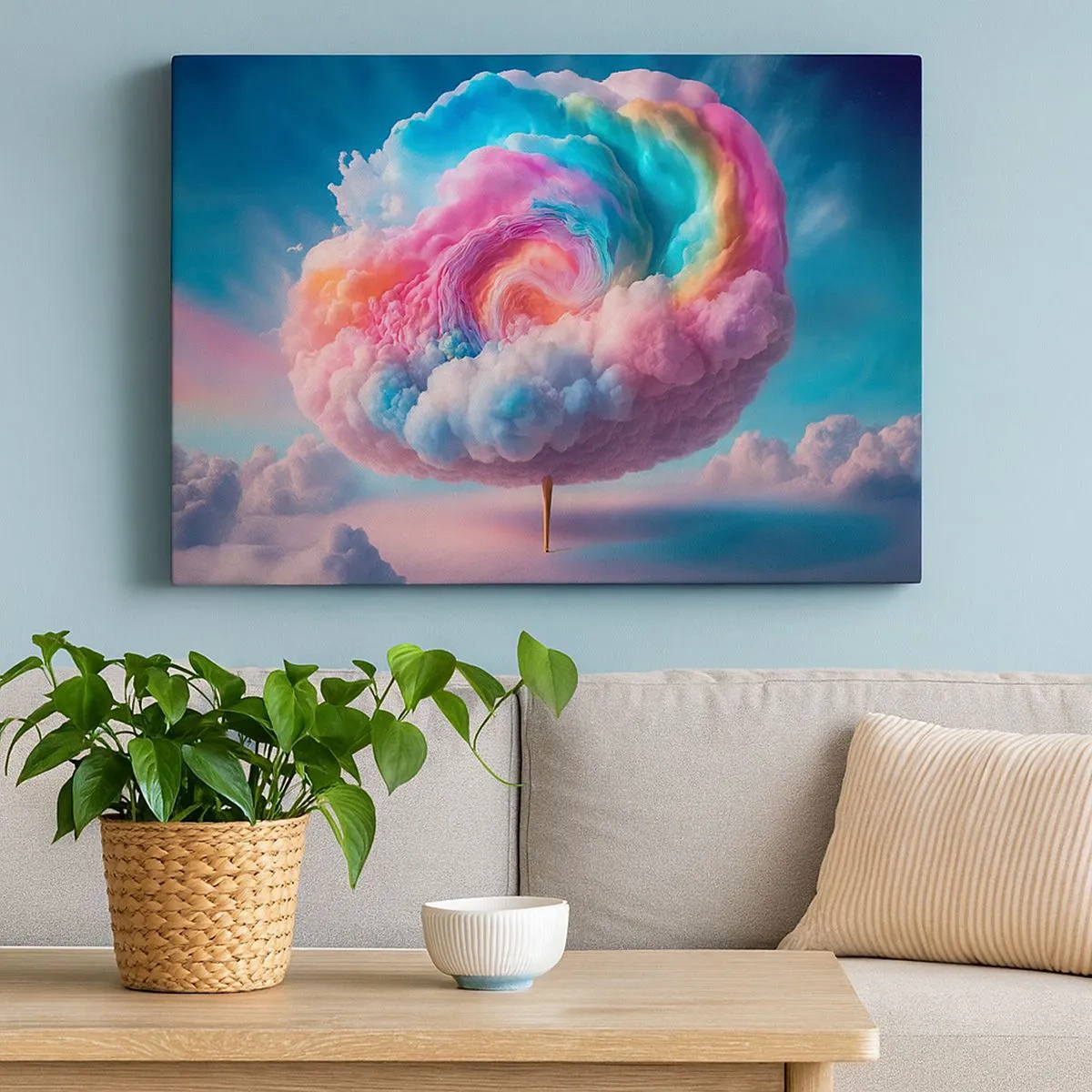 Quadro em tela - Uma nuvem em forma de espiral com cores pastéis no céu - 70x50cm - O sonho de um parque de diversões - Decoração de parede moderna para a sala de estar e quarto ARTTOR