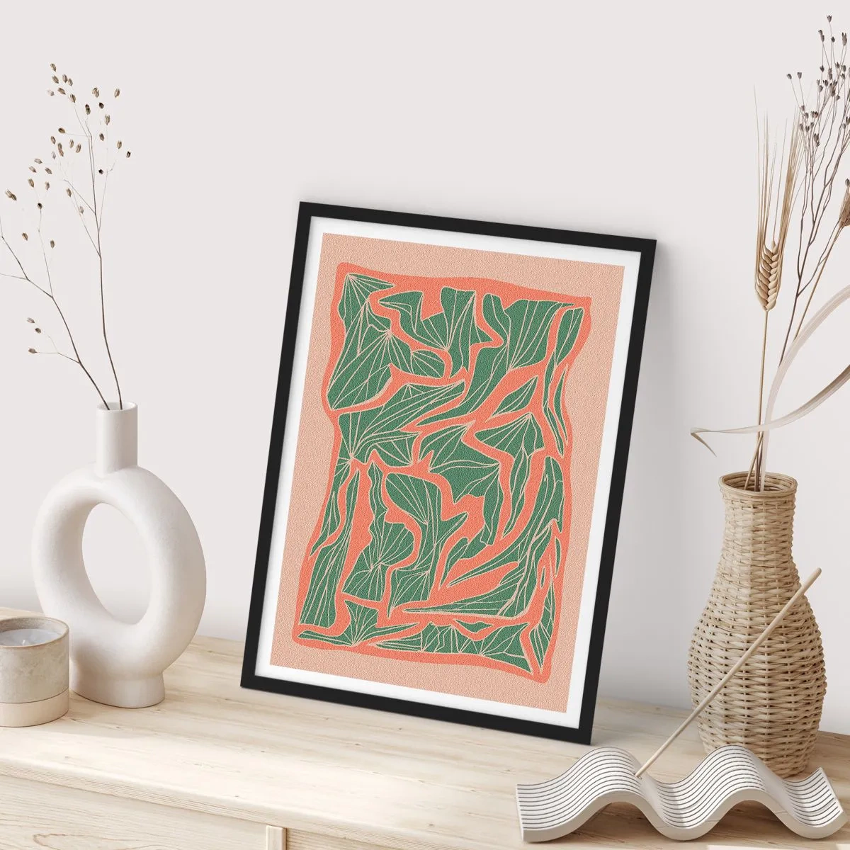 Pôster com moldura preta - Padrão de folhas abstratas em tons de verde e terracota - 50x70cm - A luta entre coral e vegetação - Decoração de parede moderna para a sala de estar e quarto ARTTOR
