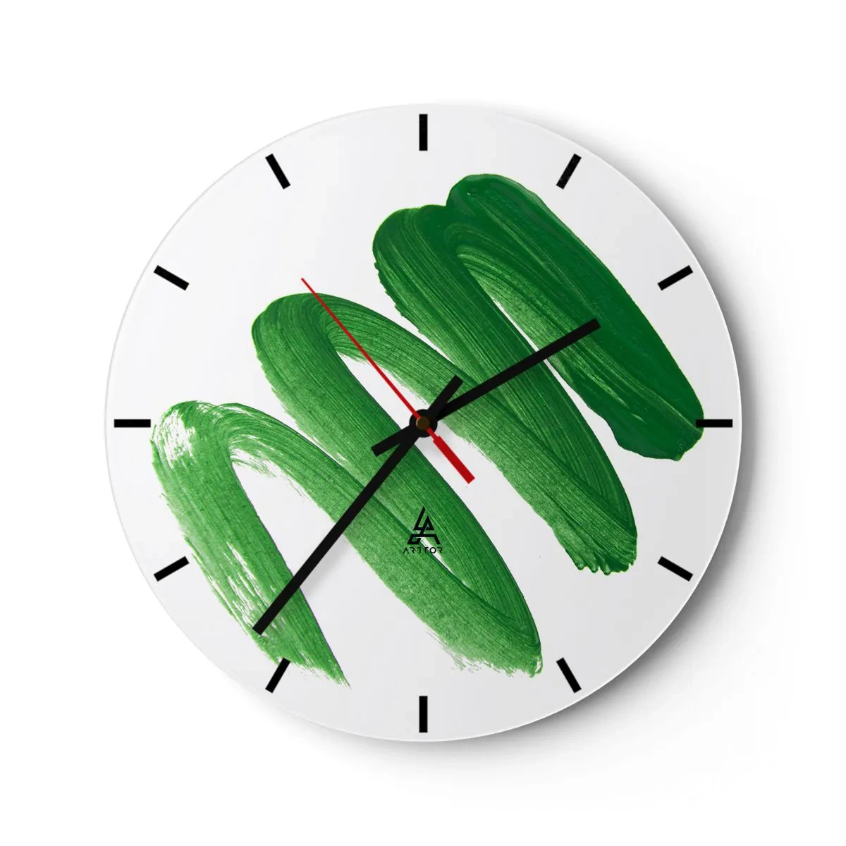 Relógio de parede - Relógio em vidro - Pinceladas verdes sobre fundo branco - 30x30cm - Piada verde - Decoração de parede moderna para a sala de estar, cozinha e quarto ARTTOR