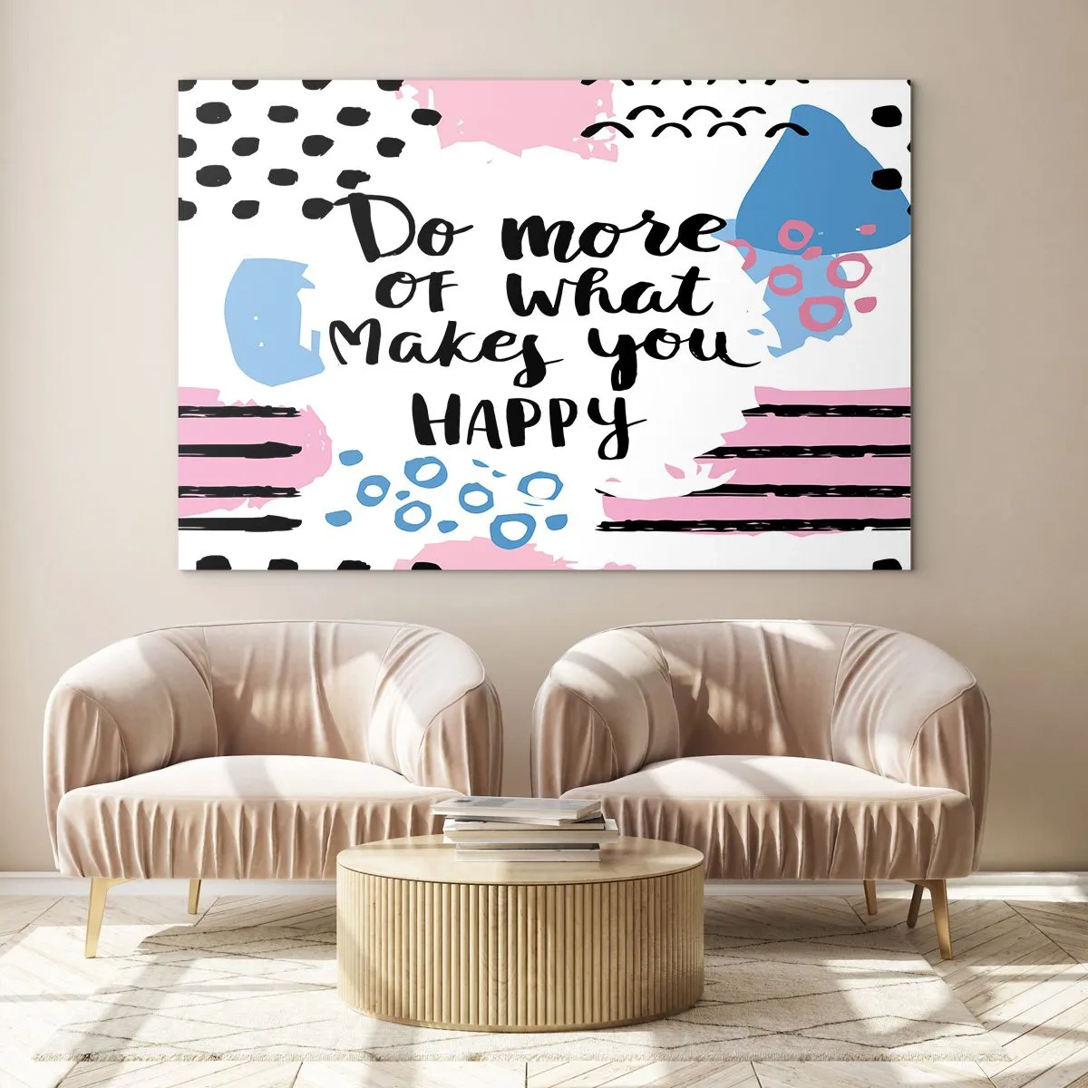 Quadro em vidro - Uma inscrição inspiradora em um fundo de cor pastel - 70x50cm - Como ser feliz - Decoração de parede moderna para a sala de estar e quarto ARTTOR