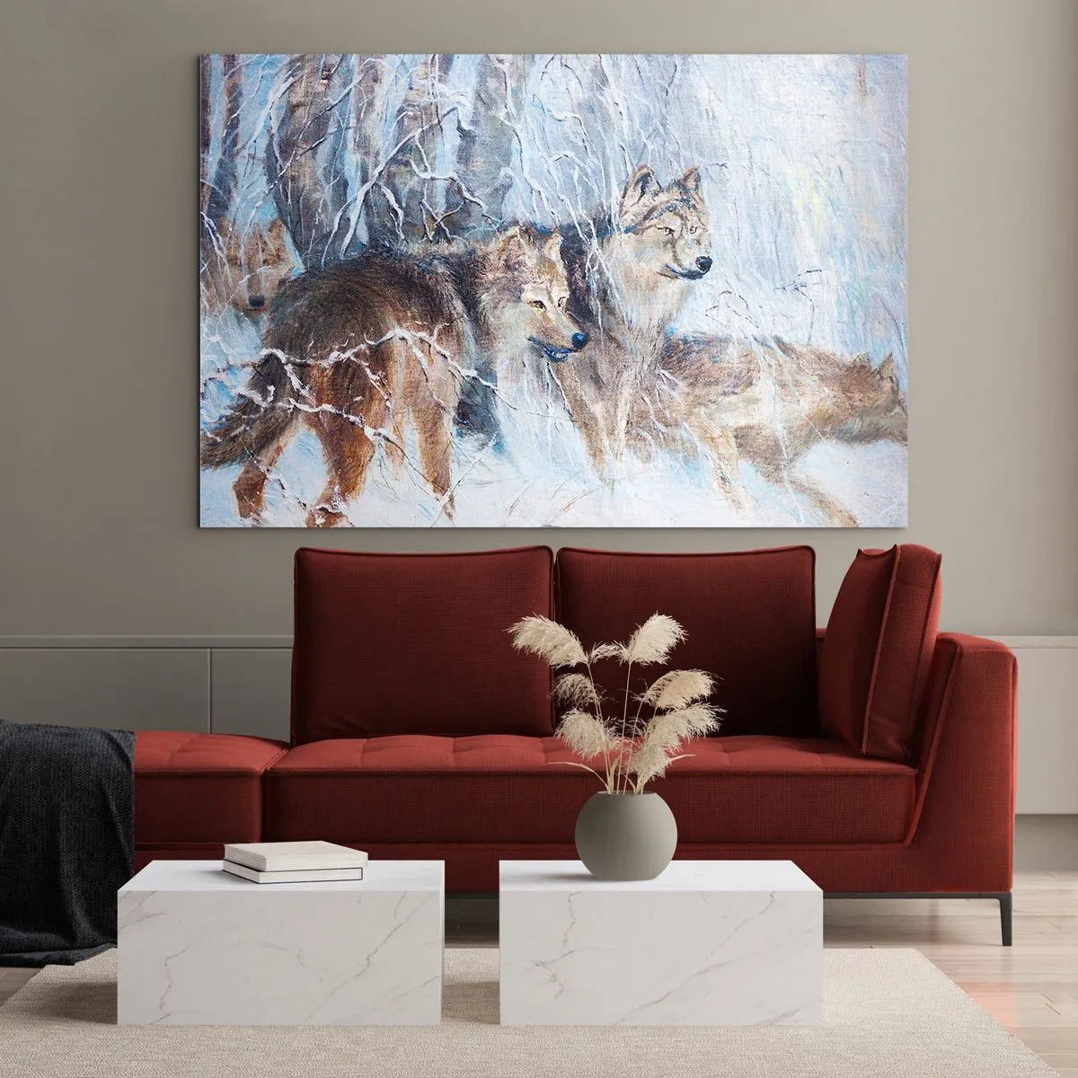 Quadro em vidro - Três lobos em uma floresta de inverno cercada por neve - 70x50cm - Atenção! Está a vir... - Decoração de parede moderna para a sala de estar e quarto ARTTOR