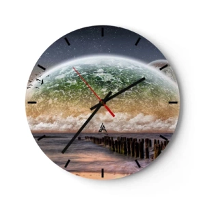 Relógio de parede - Relógio em vidro - Paisagem com um globo e um mar calmo - 30x30cm - E o mundo emergiu da água - Decoração de parede moderna para a sala de estar, cozinha e quarto ARTTOR