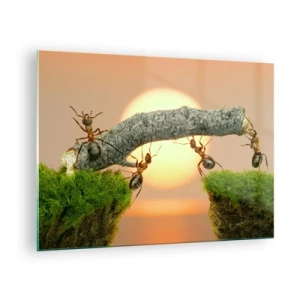 Quadro em vidro - Formigas construindo uma ponte ao pôr do sol - 70x50cm - Trabalho alegre e colaborativo - Decoração de parede moderna para a sala de estar e quarto ARTTOR