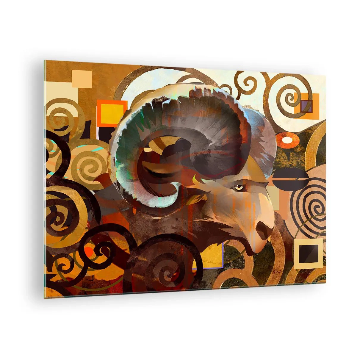 Quadro em vidro - Uma imagem artística de um carneiro em uma composição geométrica e espiral. - 70x50cm - Magia - religiões - rituais - Decoração de parede moderna para a sala de estar e quarto ARTTOR