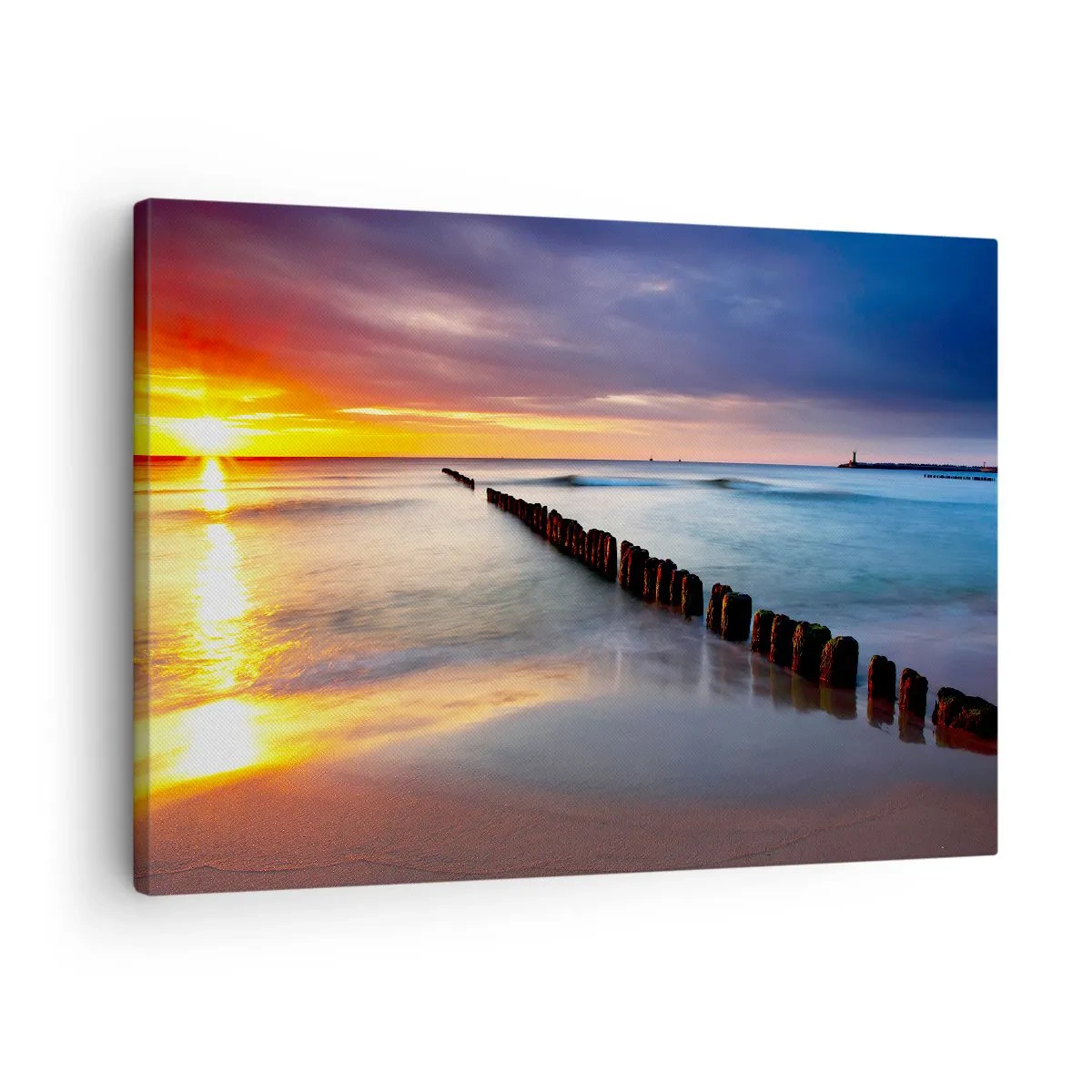Quadro em tela - Pôr do sol sobre o mar com um quebra-mar em primeiro plano - 70x50cm - Ouça o silêncio - Decoração de parede moderna para a sala de estar e quarto ARTTOR