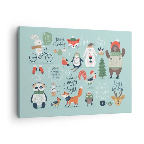 Quadro em tela - Ilustração de Natal de animais em atmosfera de inverno - 70x50cm - Que seja sempre Natal! - Decoração de parede moderna para a sala de estar e quarto ARTTOR