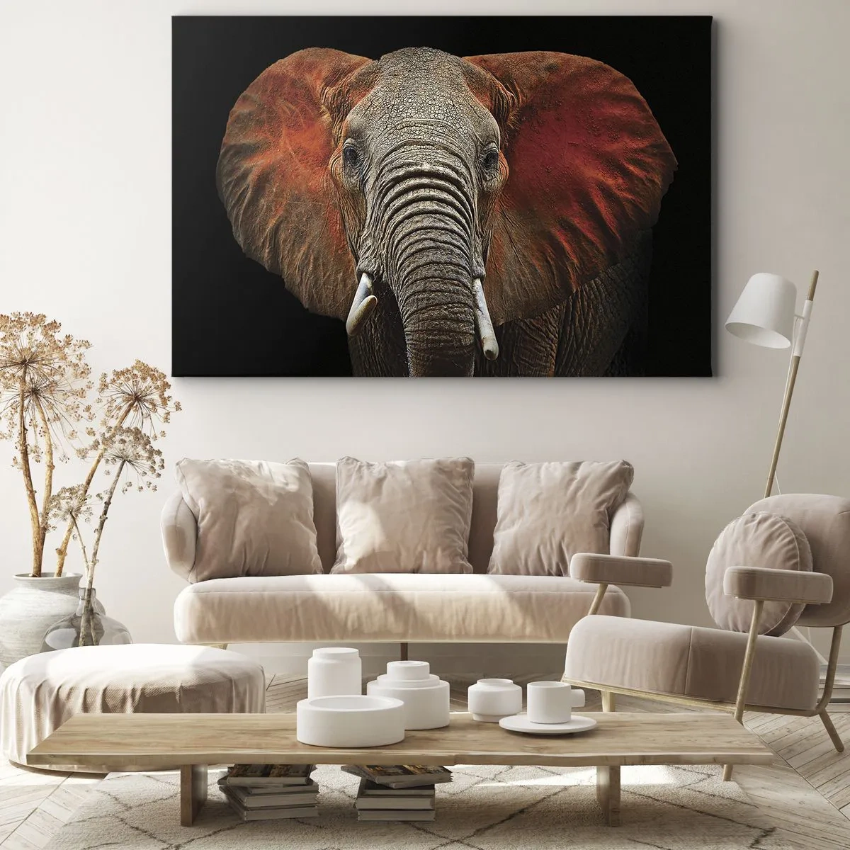 Quadro em tela - Retrato de um elefante em um fundo preto - 70x50cm - Eu sou selvagem, e você? - Decoração de parede moderna para a sala de estar e quarto ARTTOR