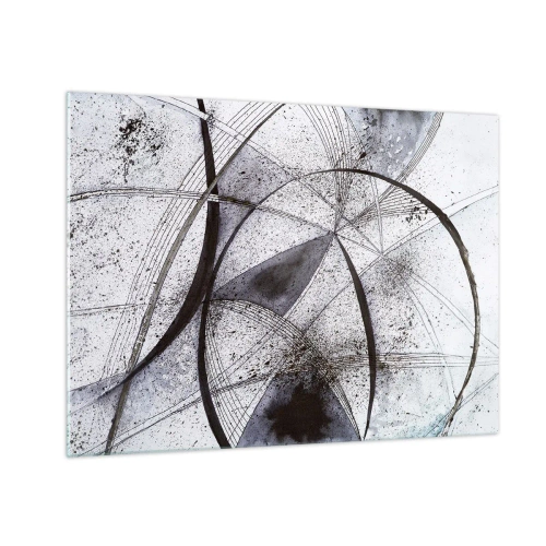 Quadro em vidro - Uma composição em preto e branco de linhas que se cruzam e arcos geométricos. - 70x50cm - Fantasia futurista - Decoração de parede moderna para a sala de estar e quarto ARTTOR