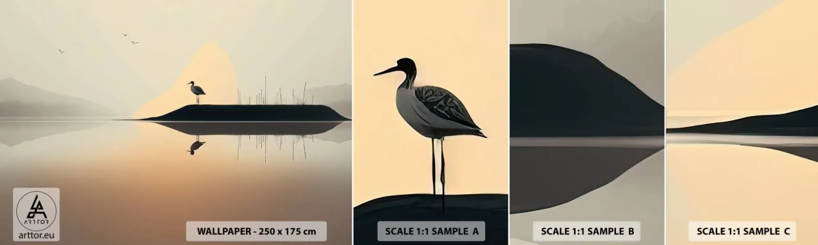 Amostra de papel de parede autocolante Deluxe Sticker - Senhor no lago - Pássaro, Paisagem, Minimalismo - 100x30 cm