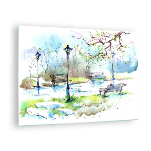 Quadro em vidro - Pintura em aquarela de uma cena de parque com bancos e lanternas - 70x50cm - O encanto do silêncio do parque - Decoração de parede moderna para a sala de estar e quarto ARTTOR