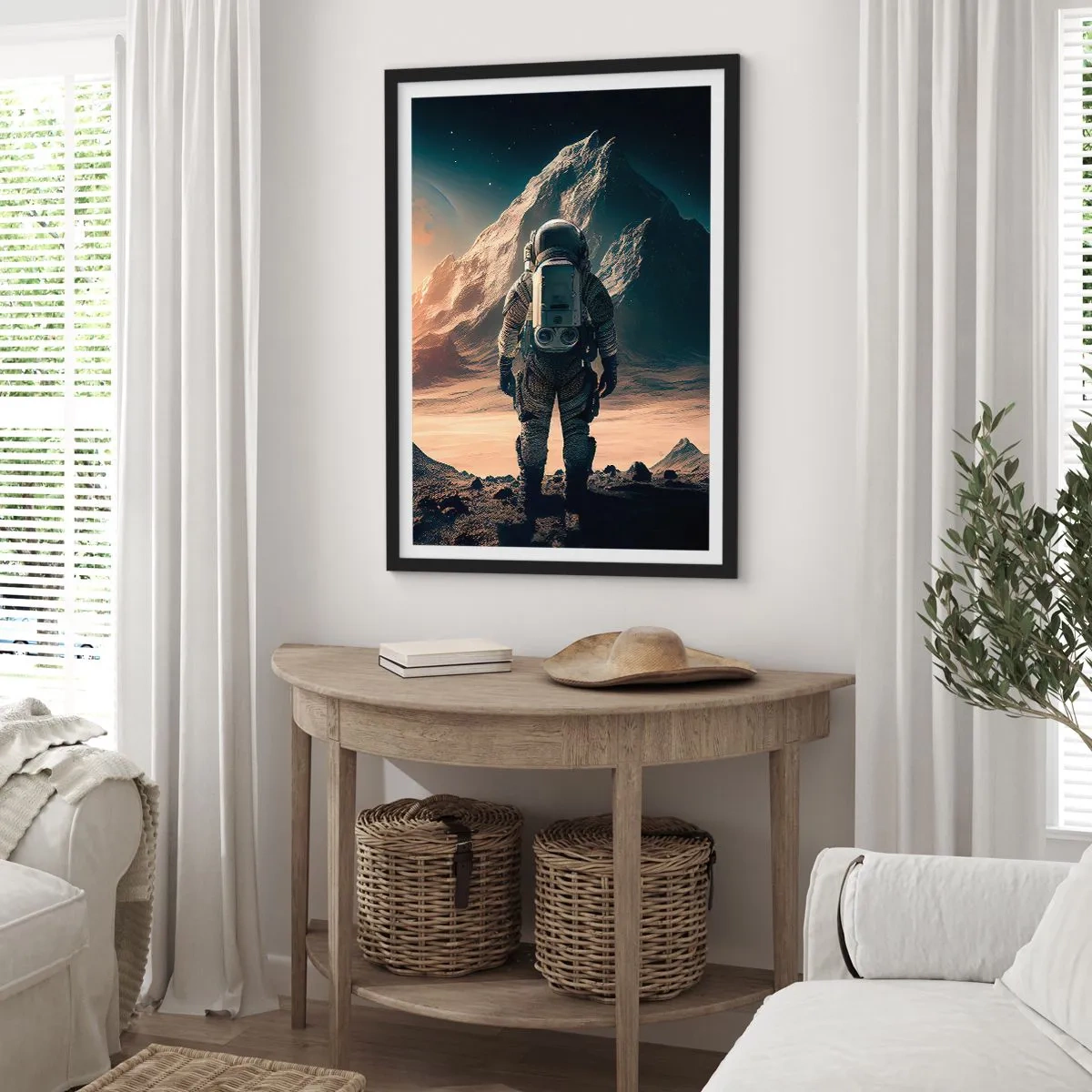 Pôster com moldura preta - Astronauta em um planeta alienígena sob a luz das estrelas - 50x70cm - Novo desafio - Decoração de parede moderna para a sala de estar e quarto ARTTOR