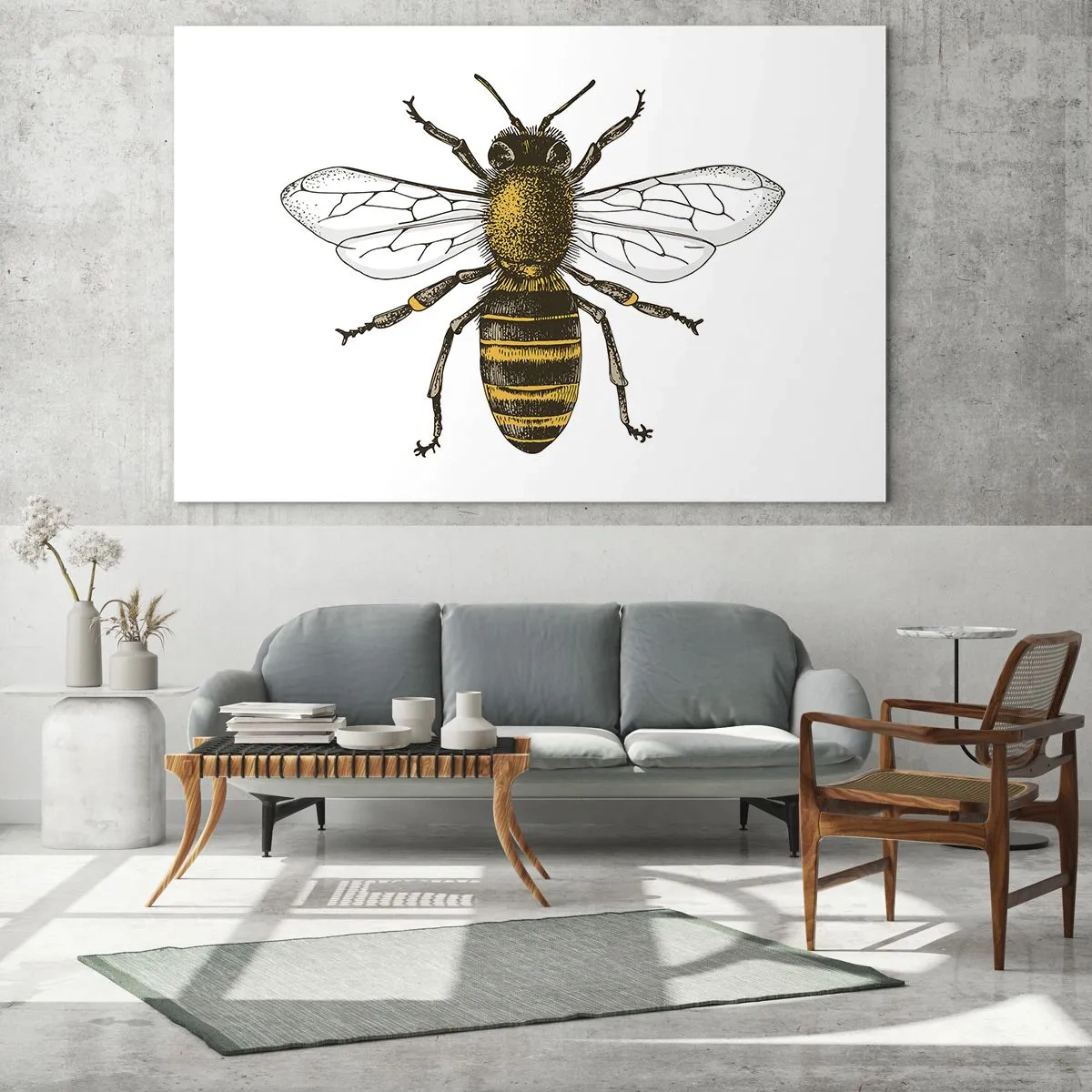 Quadro em vidro - Ilustração detalhada de uma abelha em um fundo branco - 70x50cm - Linda e boa - Decoração de parede moderna para a sala de estar e quarto ARTTOR