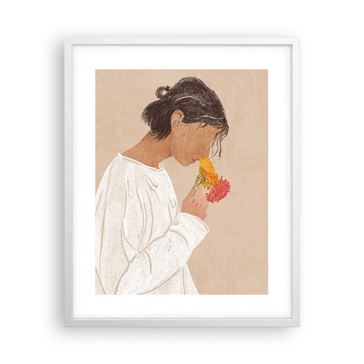 Pôster em moldura branca - Menina e flores - 40x50 cm