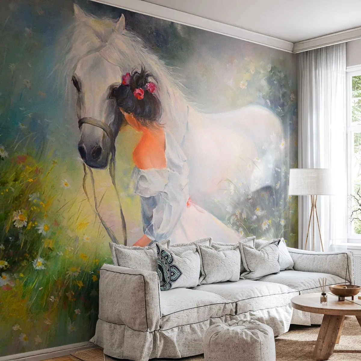 Papel de Parede Premium Sand - Como um belo sonho - Mulher, Cavalo, Prado - 100x70 cm