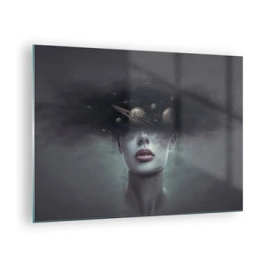 Quadro em vidro - Uma mulher com planetas na cabeça em uma composição surreal - 70x50cm - E os planetas estão a enlouquecer... - Decoração de parede moderna para a sala de estar e quarto ARTTOR