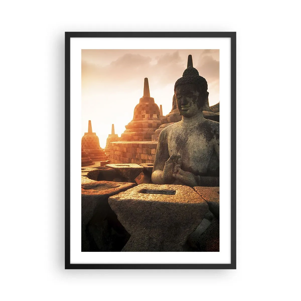 Pôster com moldura preta - Estátua de Buda com templos ao fundo ao pôr do sol - 50x70cm - Clima de grande sabedoria - Decoração de parede moderna para a sala de estar e quarto ARTTOR