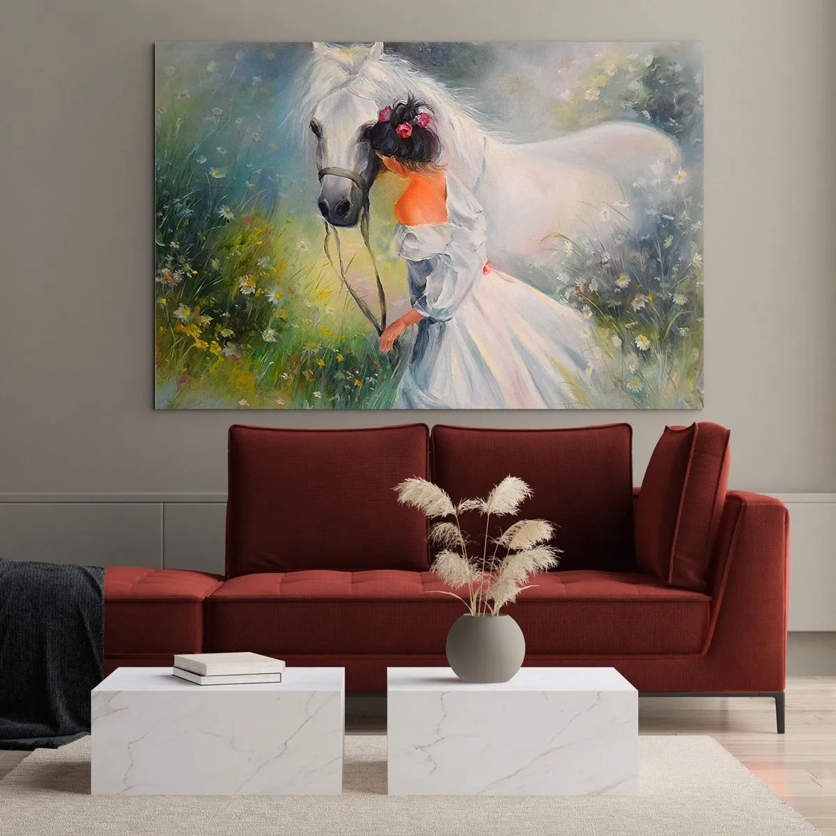 Quadro em vidro - Uma mulher de vestido branco com um cavalo branco em um prado cheio de flores. - 70x50cm - Como um belo sonho - Decoração de parede moderna para a sala de estar e quarto ARTTOR