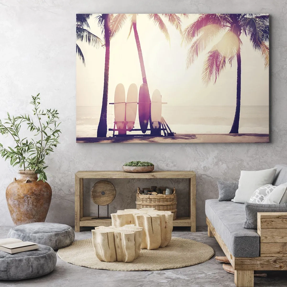 Quadro em tela - Palmeiras e pranchas de surfe na praia sob o sol - 70x50cm - Vai ser um grande dia - Decoração de parede moderna para a sala de estar e quarto ARTTOR