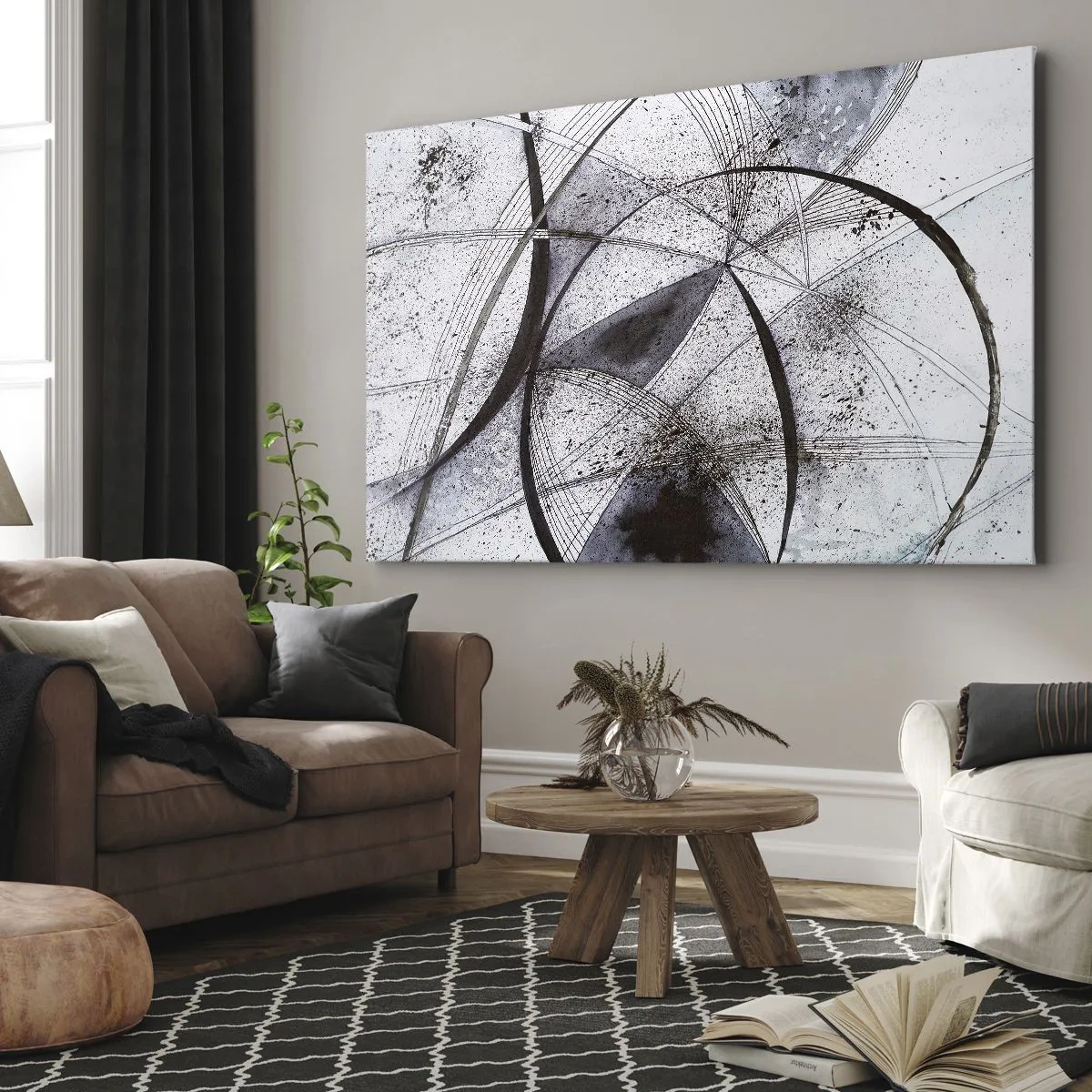 Quadro em tela - Linhas e formas abstratas em tons de cinza e preto - 70x50cm - Fantasia futurista - Decoração de parede moderna para a sala de estar e quarto ARTTOR