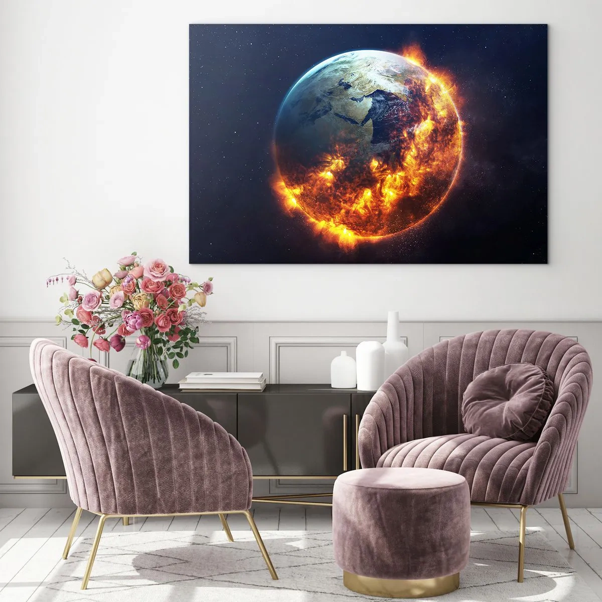 Quadro em vidro - Terra cercada por chamas no espaço sideral - 70x50cm - A chama do apocalipse - Decoração de parede moderna para a sala de estar e quarto ARTTOR