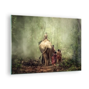 Quadro em vidro - Um elefante na floresta com crianças em trajes tradicionais - 70x50cm - Novo Livro da Selva - Decoração de parede moderna para a sala de estar e quarto ARTTOR
