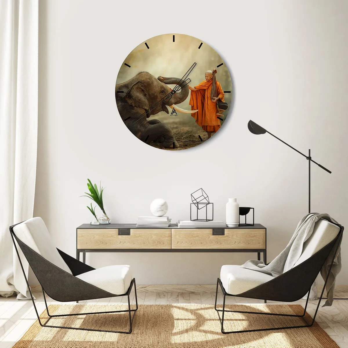 Relógio de parede - Relógio em vidro - Um monge budista e um elefante em um ambiente natural e tranquilo - 30x30cm - Encontro na viagem - Decoração de parede moderna para a sala de estar, cozinha e quarto ARTTOR