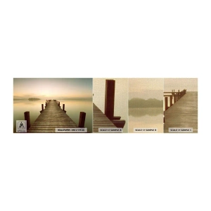 Amostra de papel de parede Premium Canvas - Antes do amanhecer, nascer do sol, luz - Paisagem, Lago, Ponte de madeira - 100x30 cm