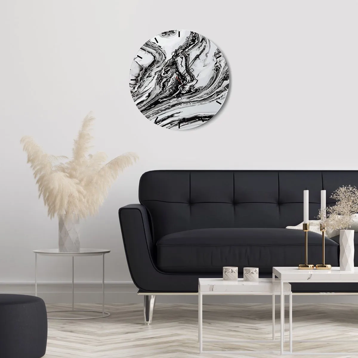 Relógio de parede - Relógio em vidro - Padrão abstrato de mármore em preto e branco - 30x30cm - No princípio, era o caos - Decoração de parede moderna para a sala de estar, cozinha e quarto ARTTOR