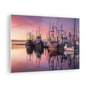 Quadro em vidro - Barcos de pesca ao pôr do sol em um porto tranquilo - 70x50cm - Antes do dia seguinte - Decoração de parede moderna para a sala de estar e quarto ARTTOR