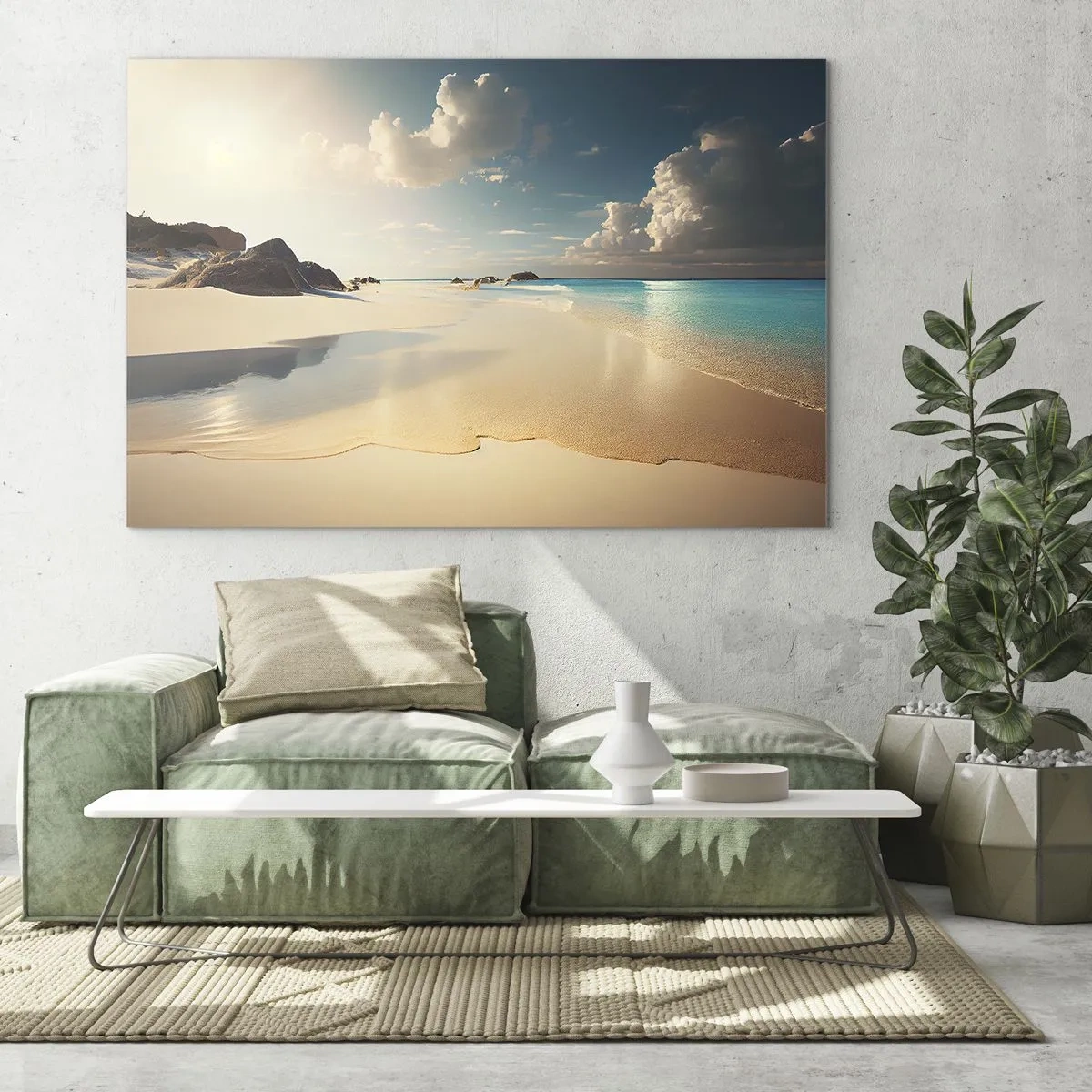 Quadro em vidro - Praia dourada e mar turquesa à luz do sol da manhã - 70x50cm - Um dia de sonho - Decoração de parede moderna para a sala de estar e quarto ARTTOR
