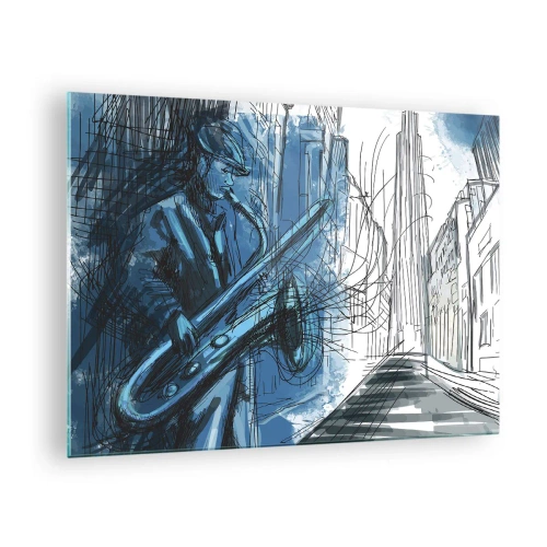 Quadro em vidro - Saxofonista de jazz em um ambiente urbano em tons de azul - 70x50cm - Rapsódia Urbana - Decoração de parede moderna para a sala de estar e quarto ARTTOR
