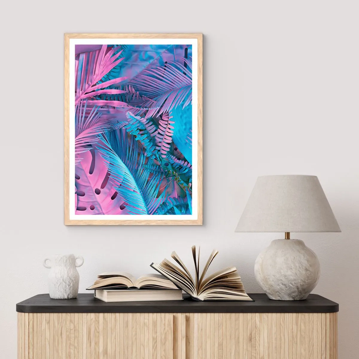 Pôster com moldura de carvalho claro - Trópicos em rosa e azul - 30x40 cm